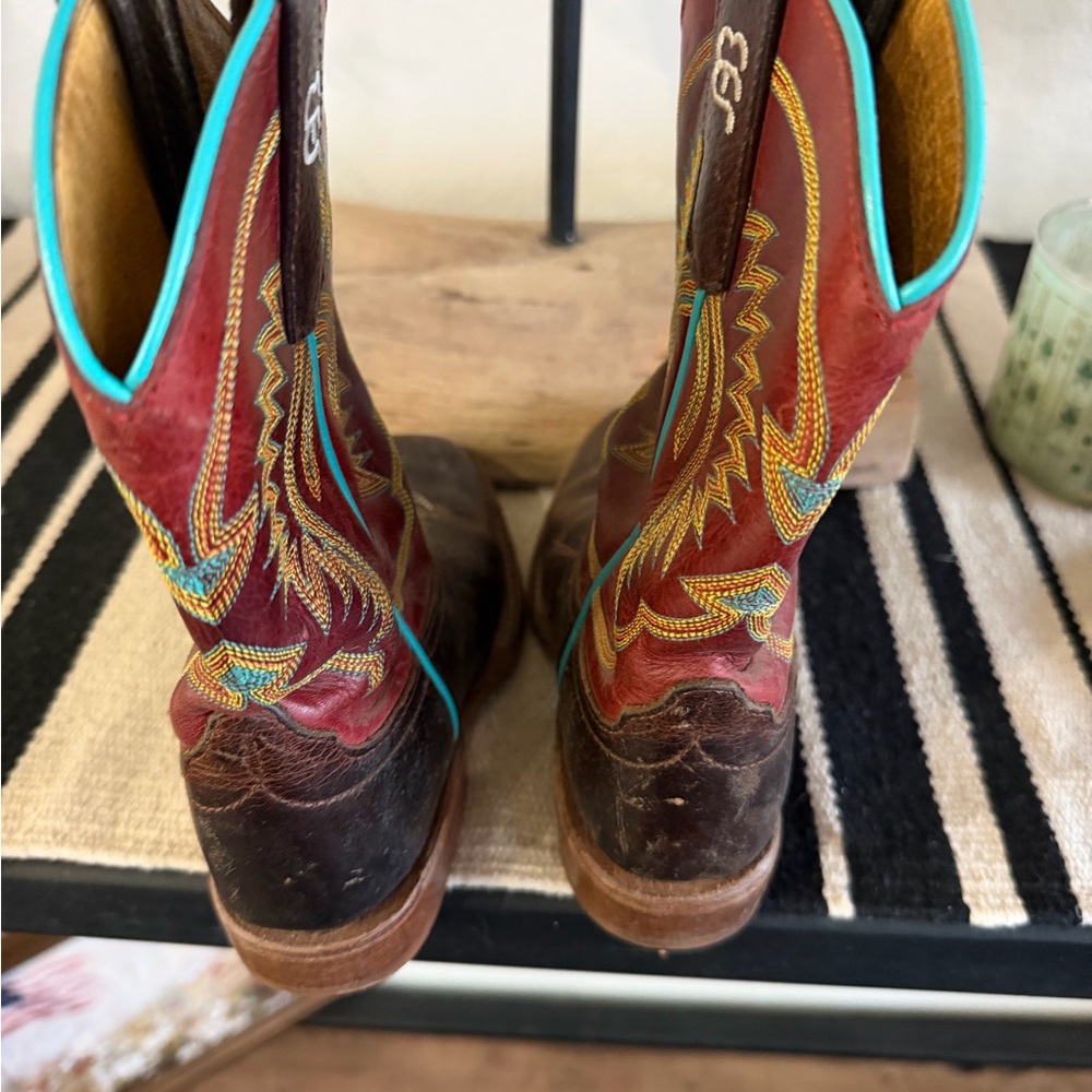 Justin Boots Red and Brown Embroidered Western Lace-Up Boots